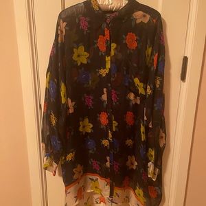Johnny Was Jade exquisite silk floral button down blouse. Size L. Semi sheer.